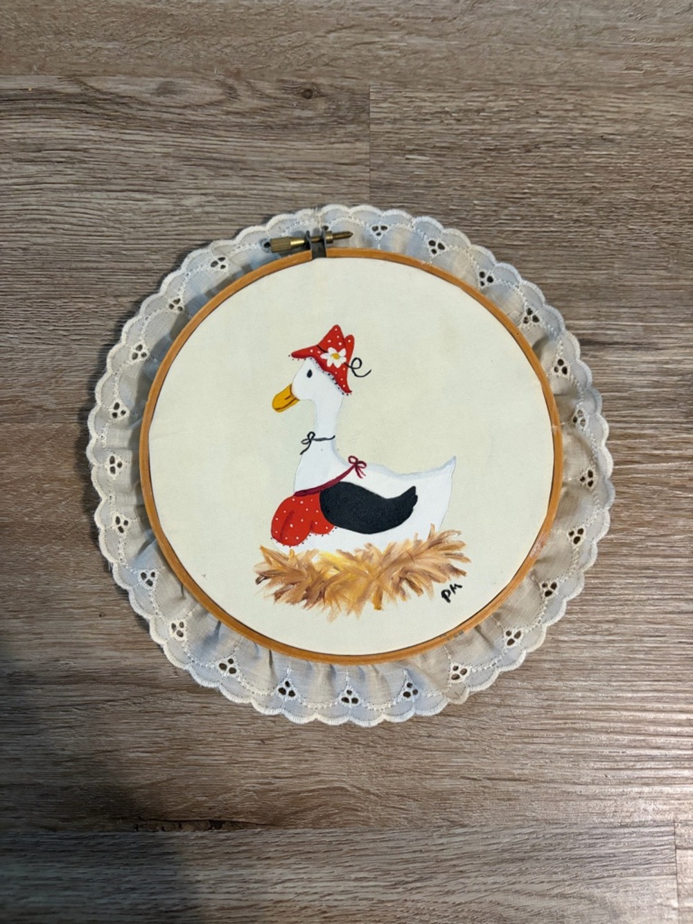 Vintage Hand-Painted Duck Hoop Art with Lace Trim - Red Accent